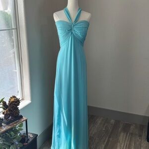 Stunning 100% Silk Light Blue Halter Maxi Formal Dress, Tadashi size 8